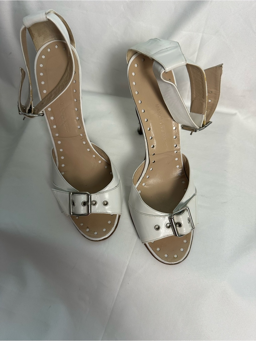 Manolo Blahnik White Leather Ankle Strap Heels EU 36.5 Repair